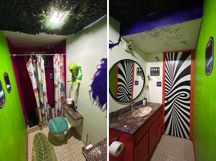 A surreal, vibrantly decorated bathroom with a leopard print toilet and a black and white striped door, showcasing horrible roommates' decor.