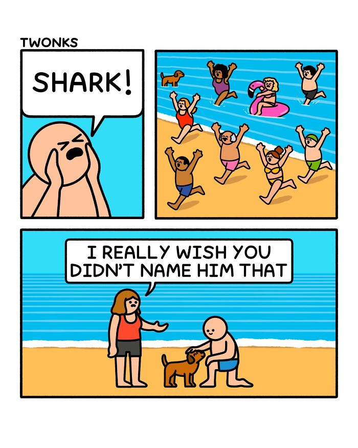 Funny comic by Steve Nelson with people fleeing a 'shark' at the beach, which is actually a dog. Absurd comics.