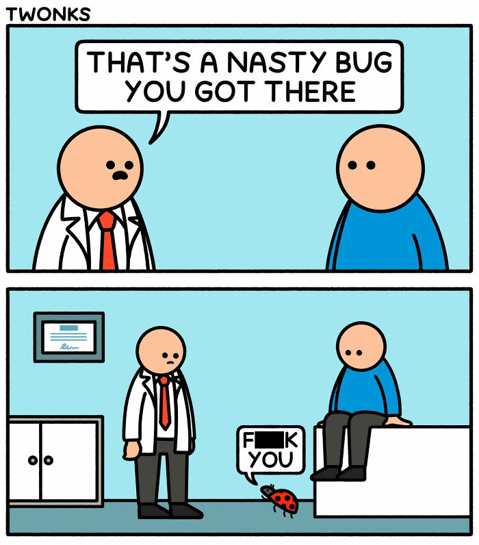 Funny comic by Steve Nelson about a doctor and patient discussing a bug, with a ladybug cursing. Absurd comics.