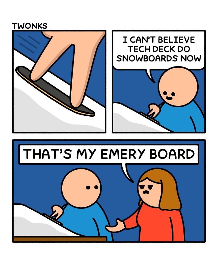 Funny comic by Steve Nelson about snowboards and emery boards. Absurd comics.