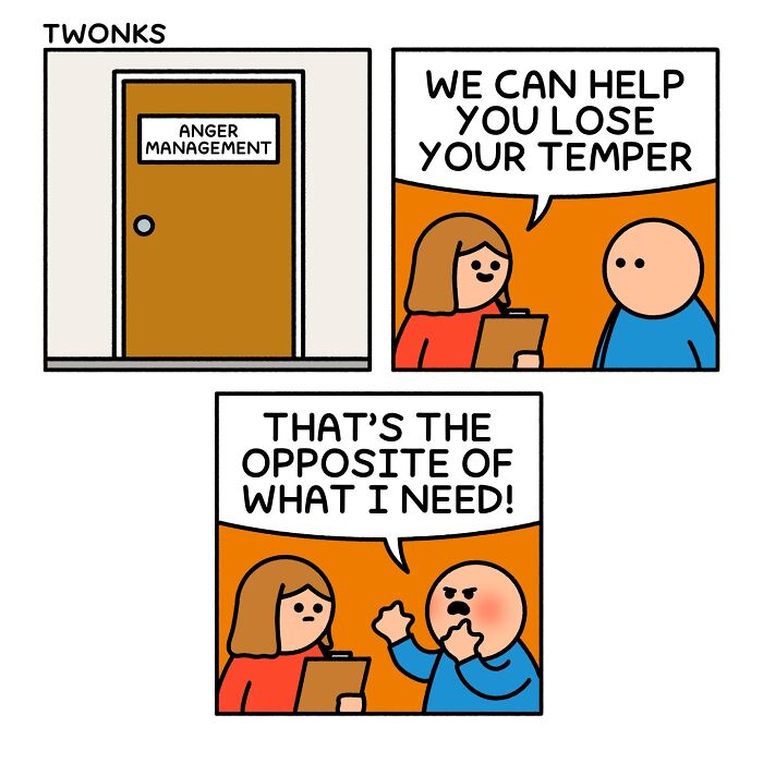 Funny comic by Steve Nelson about anger management, where a man needs to gain his temper, not lose it.