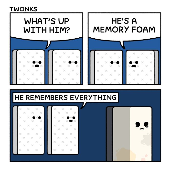 Funny comic by Steve Nelson with two mattresses talking to a memory foam mattress that remembers everything.