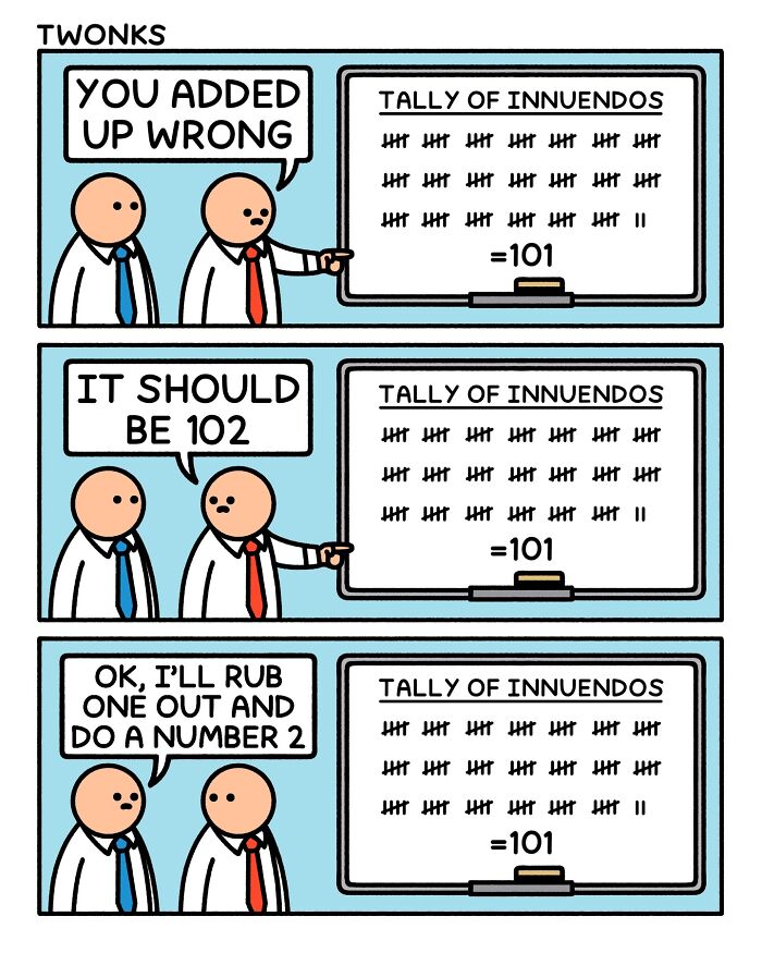 An absurd comic strip by Steve Nelson about miscalculating a tally of innuendos to 102 instead of 101.
