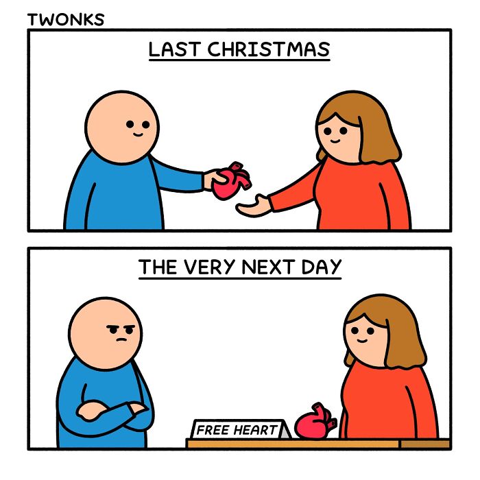 A funny comic strip by Steve Nelson showing a person giving a heart, then it being sold as free.