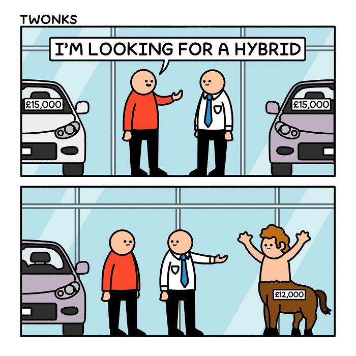 Absurd and funny comics by Steve Nelson, illustrating a man looking for a hybrid car and being shown a centaur.