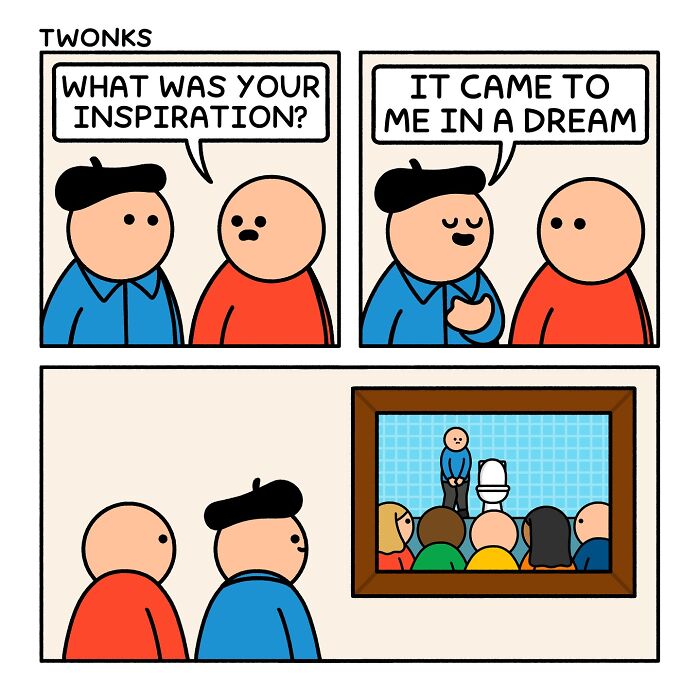 Absurd and funny comics by Steve Nelson, portraying an artist explaining his inspiration came from a dream.