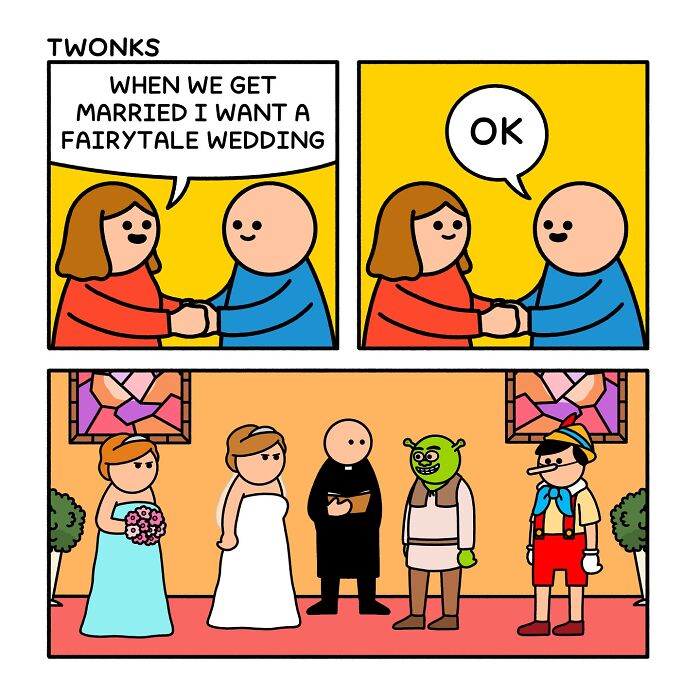A funny comic strip by Steve Nelson depicting a fairytale wedding with Shrek and Pinocchio.