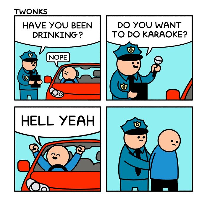Funny comic by Steve Nelson where a police officer asks a driver to do karaoke instead of a sobriety test.