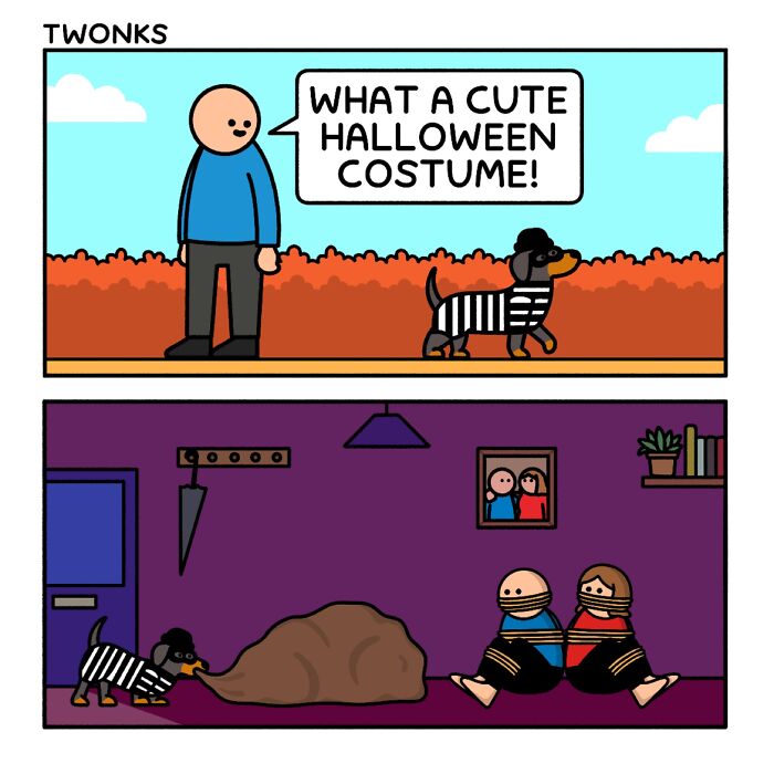 Funny comic by Steve Nelson about a dog trick-or-treating in a Halloween costume. Absurd and funny comics.