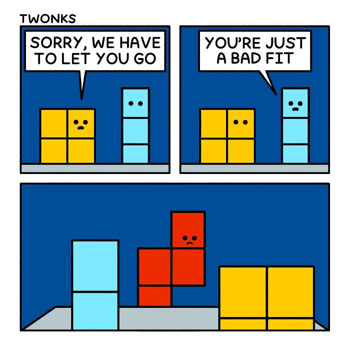 Funny comic by Steve Nelson about tetris blocks trying to fit in. Absurd and funny comics.