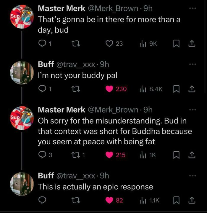 A hilariously savage tweet exchange between Master Merk and Buff, showcasing a witty comeback about being fat.