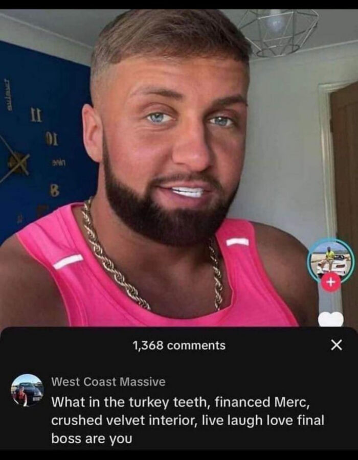 A man with a beard and chain in a TikTok video, featuring a savage and funny comment.