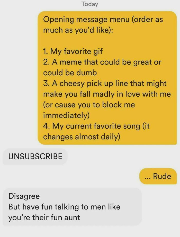 A hilariously savage text exchange about dating app messages, showing burns and witty replies.