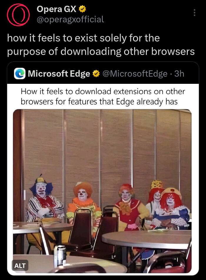 A screenshot of Opera GX and Microsoft Edge tweets, with an image of sad clowns, representing hilariously savage browser burns.