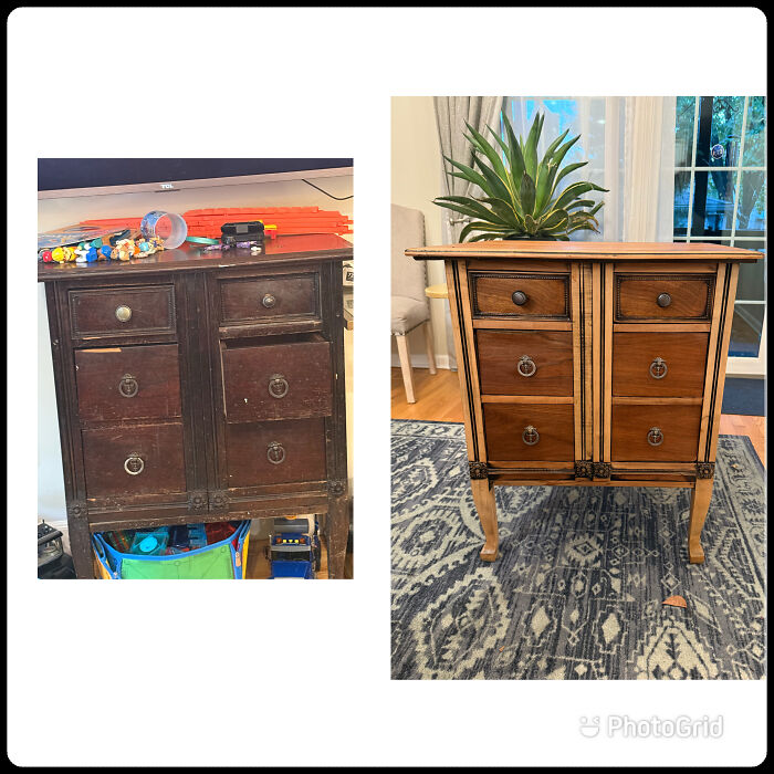 Before and after of an old piece of furniture, a dark wooden cabinet, revived with a two-tone wood finish and new legs.