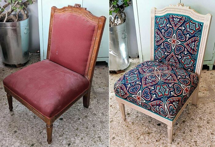 Before and after of an old piece of furniture, an upholstered wooden chair, revitalized with new fabric.