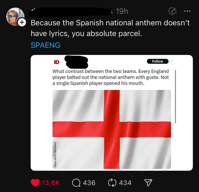 A tweet delivering a savage burn about the Spanish national anthem having no lyrics.