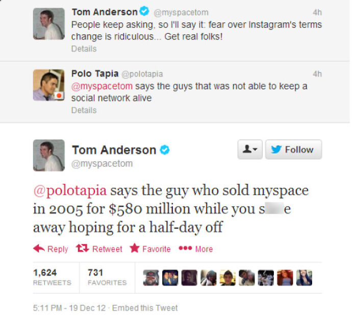 A screenshot of a savage burn on Twitter between Tom Anderson and Polo Tapia, part of 107 burns.