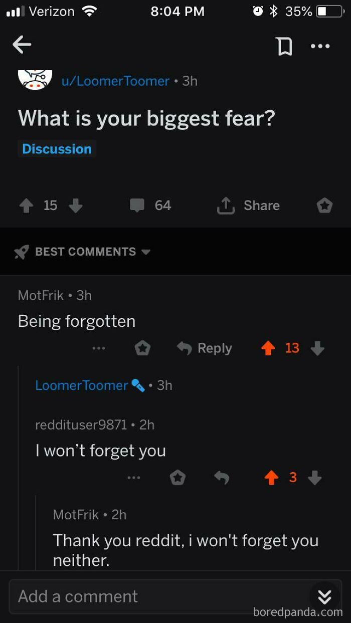 A Reddit discussion about unusual things, showing a user's fear of being forgotten and a wholesome reply.
