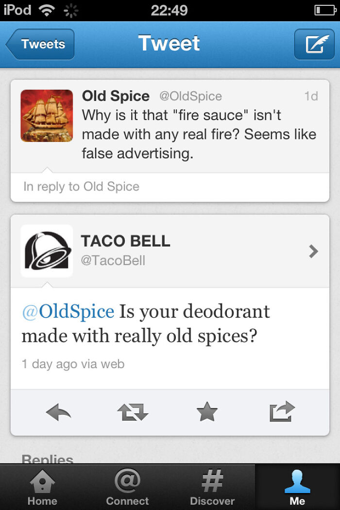 A Twitter screenshot showing a hilarious burn between Old Spice and Taco Bell.
