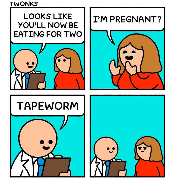 Funny comic by Steve Nelson of a doctor telling a woman she has a tapeworm after she thought she was pregnant.