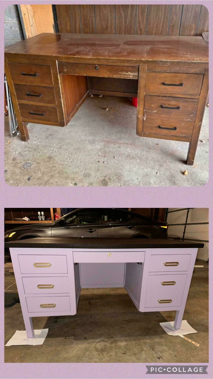 Before and after of an old piece of furniture, a wooden desk, revived with a new light purple paint and black top.
