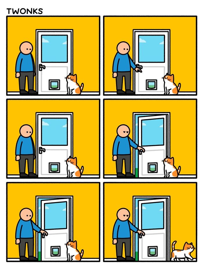 A funny comic strip by Steve Nelson illustrating a man repeatedly opening the door for his cat.