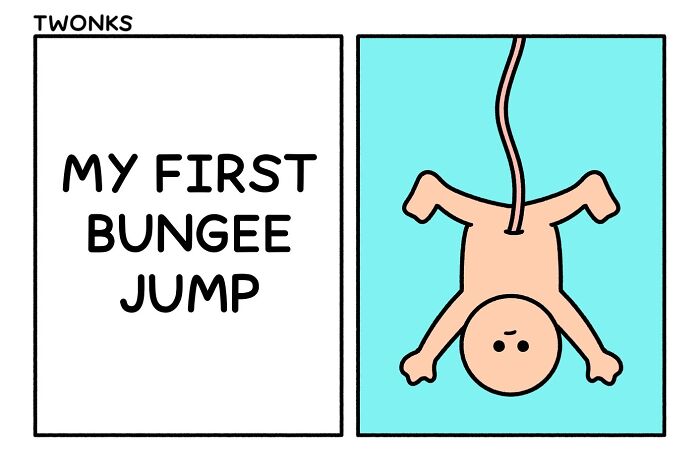 Funny comic by Steve Nelson about a baby bungee jumping for the first time. Absurd and funny comics.