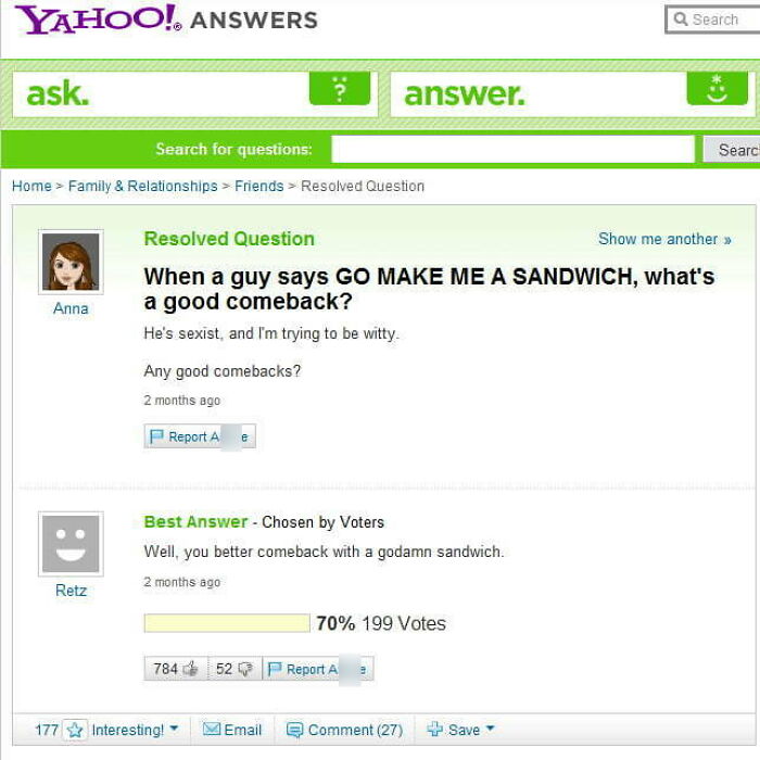 A Yahoo! Answers screenshot with a funny comeback to a sexist remark, one of 107 burns.