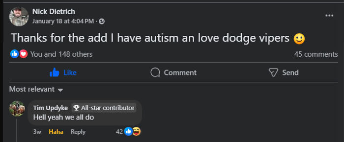 A Facebook post from Nick Dietrich about loving Dodge Vipers, a wholesome and unusual interest.