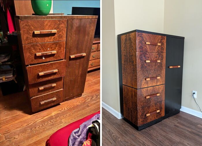 Before and after of an old piece of furniture, a wooden dresser revived with black paint and polished drawers.