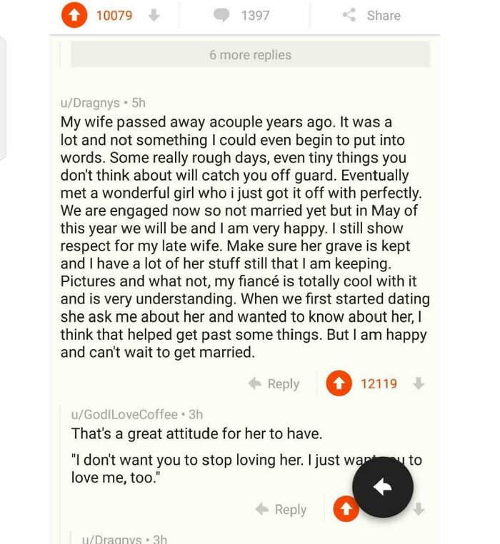 A Reddit post about finding new love after loss, a wholesome and unusual thing.
