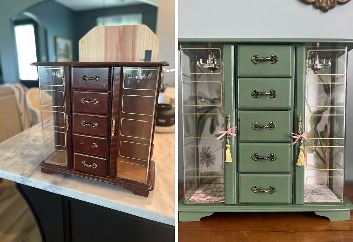 Before and after of an old piece of furniture, a wooden jewelry box revived with green paint.