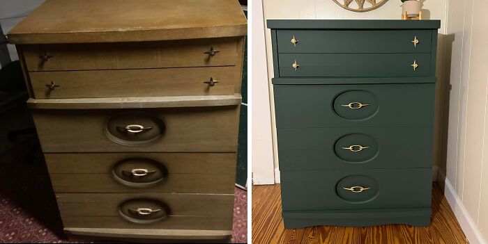 Revived old piece of furniture: a before-and-after of a plain wooden dresser refinished in a stylish dark green.