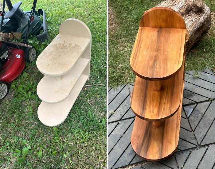 Revived old piece of furniture: a before-and-after of a three-tier shelf, from dull to a rich, polished wood finish.