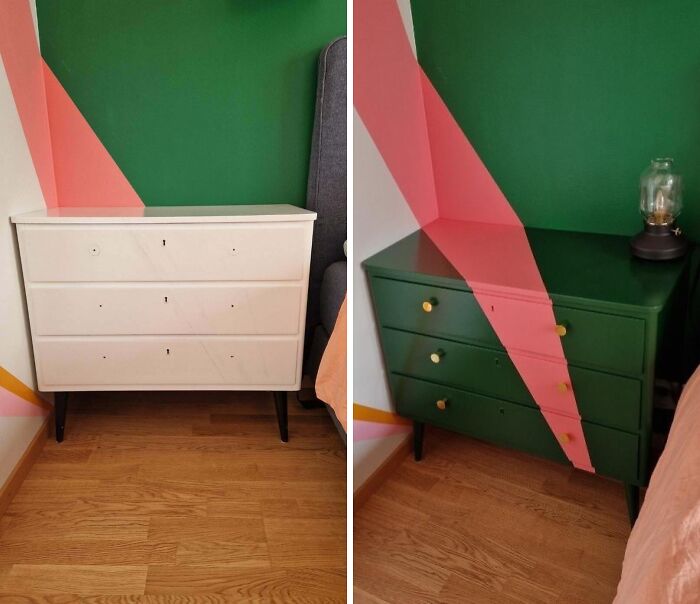 Revived old piece of furniture: a white three-drawer dresser painted vibrant green with gold handles, placed in a colorful room.