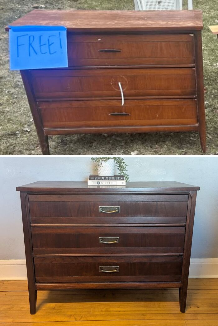 Before and after of an old piece of furniture, a wooden dresser given a new life with refinishing.