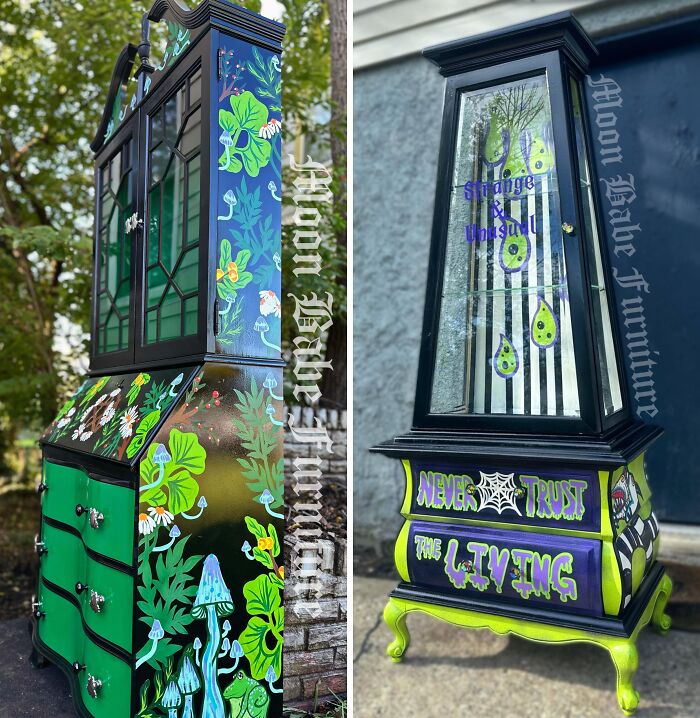 Creative revival of an old piece of furniture, a cabinet transformed with vibrant hand-painted designs.