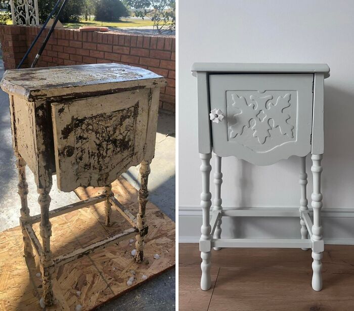 Transformation of an old piece of furniture, a small distressed cabinet revived with a fresh coat of grey paint.