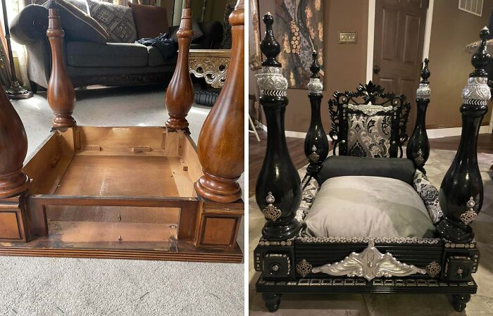 Unique revival of an old piece of furniture, a wooden bed frame turned into an ornate pet bed.