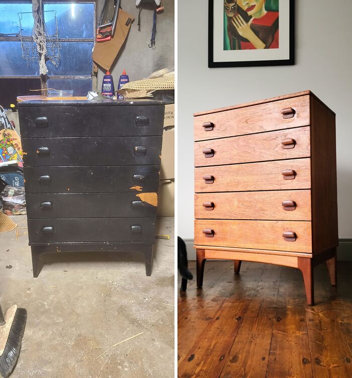 Revived old piece of furniture: a before-and-after of a dark, worn dresser transformed into a light, polished wood chest.