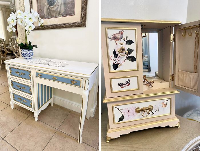 Revived old piece of furniture: a beautifully repainted white vanity with blue accents and a decorative jewelry box.