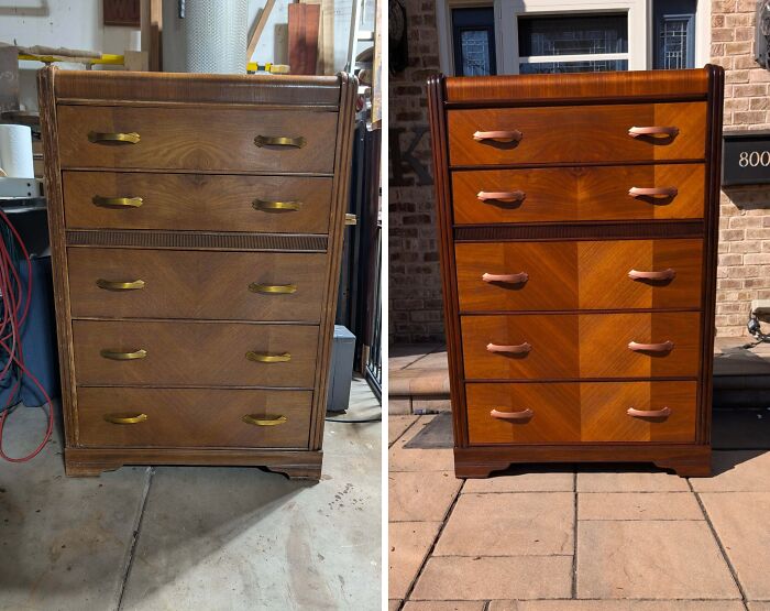 A before and after image of an old piece of furniture, a tall wooden dresser, revived and refinished, enhancing its natural wood grain.