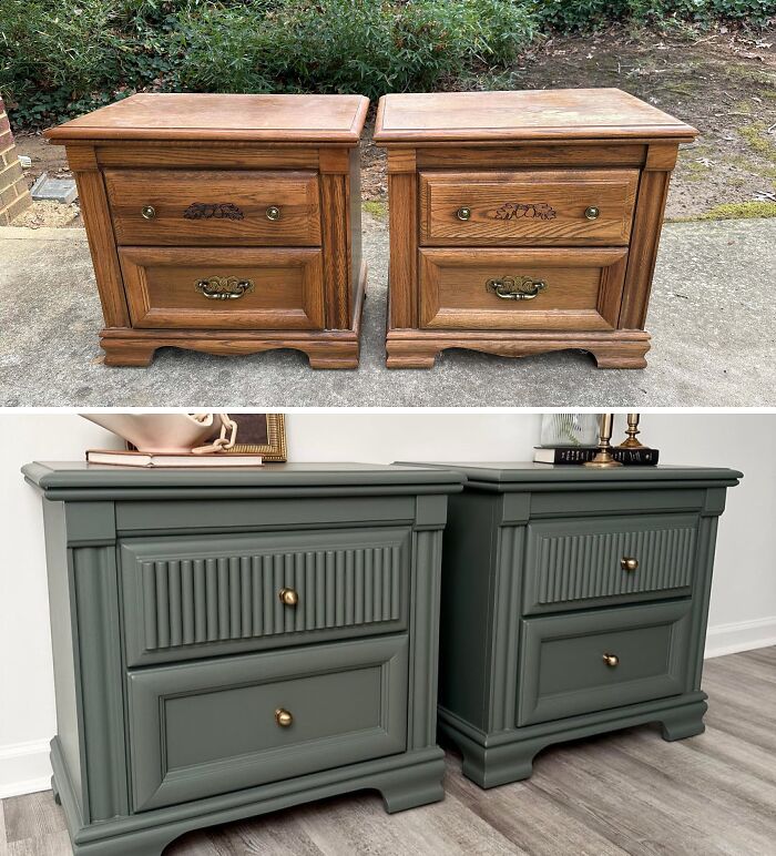 A before and after image of two old pieces of furniture, wooden nightstands, revived and transformed into elegant dark green pieces of furniture.
