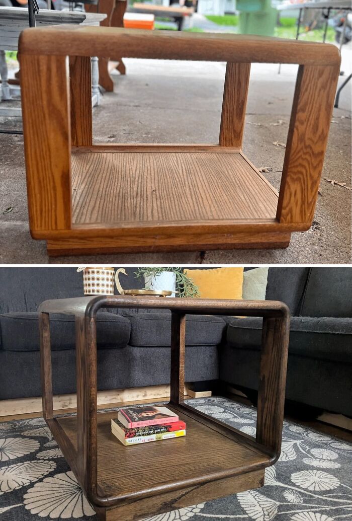 A before and after image of an old piece of furniture, a wooden side table, revived and transformed into a darker, more modern piece of furniture.