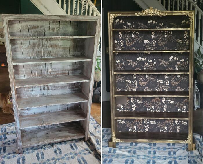 A before and after image of an old piece of furniture, a bookshelf, revived and transformed into a luxurious golden piece of furniture with beautiful wallpaper.