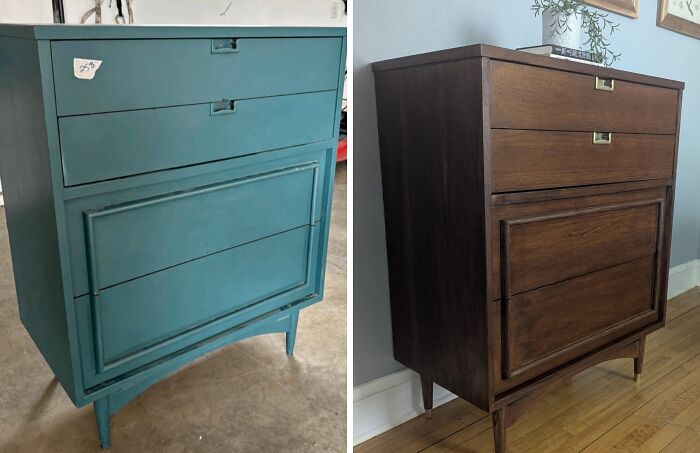 A before and after image of an old piece of furniture, a dresser, revived from teal to dark wood. The old piece of furniture looks like a new piece of furniture now.