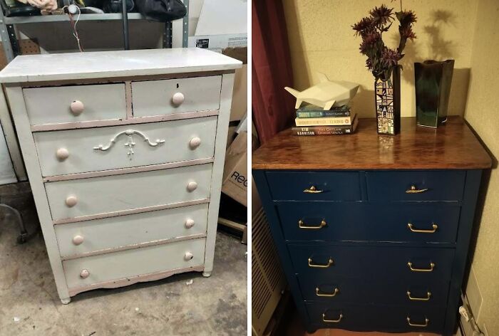 Before and after of an old piece of furniture, a small dresser revived with dark blue paint and a wooden top.