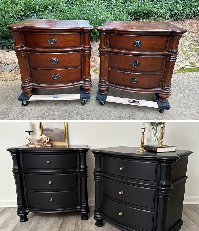 Two old pieces of furniture, wooden nightstands, revived with sleek black paint and golden knobs.