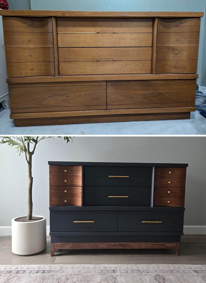 Before and after of an old piece of furniture, a wooden dresser revived with black and natural wood tones.